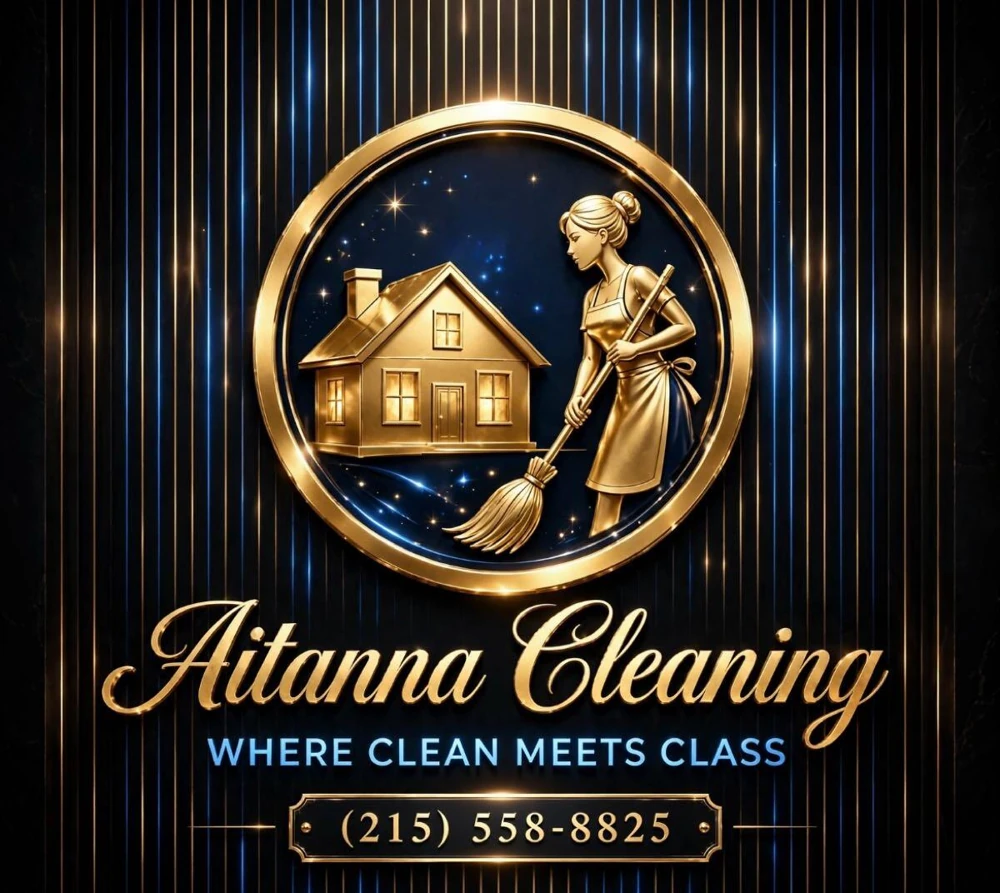 Aitanna Cleaning business artwork: gold house and cleaner emblem, Where Clean Meets Class, (215) 558-8825